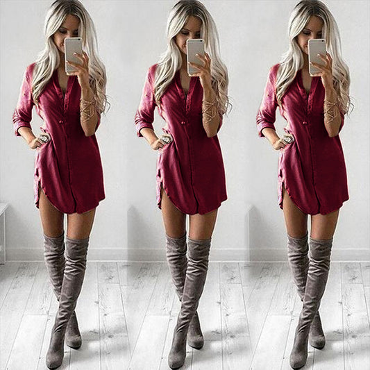 Pure Color V-neck Loose Long Sleeves Long Blouse