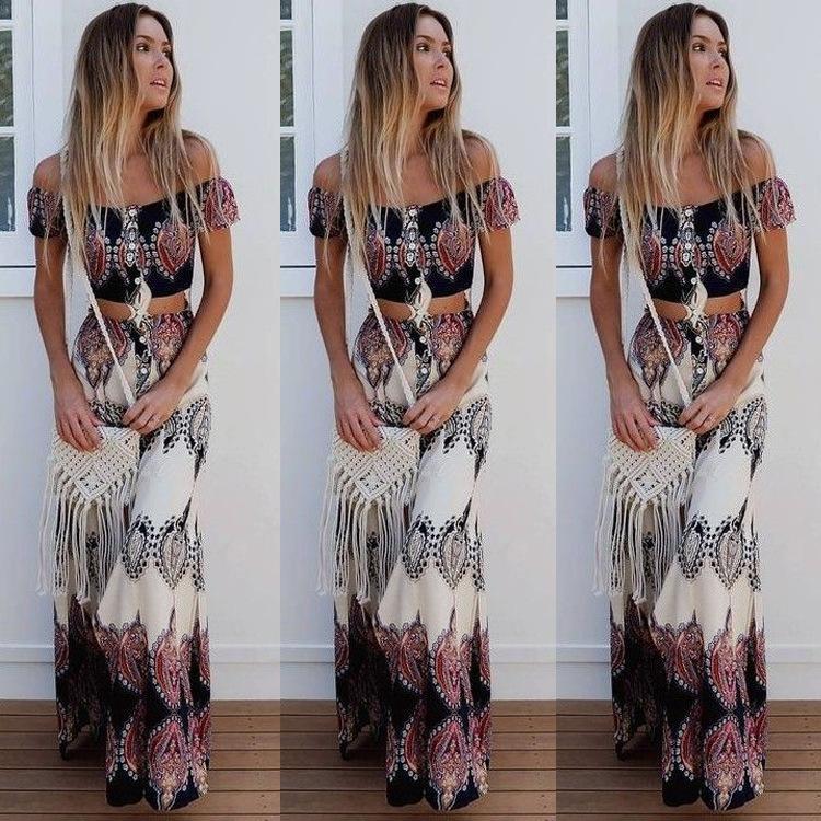 Clearance Retro Print Off Shoulder Short Sleeves Crop Top with Long Skirt Two Pieces Dress Set
