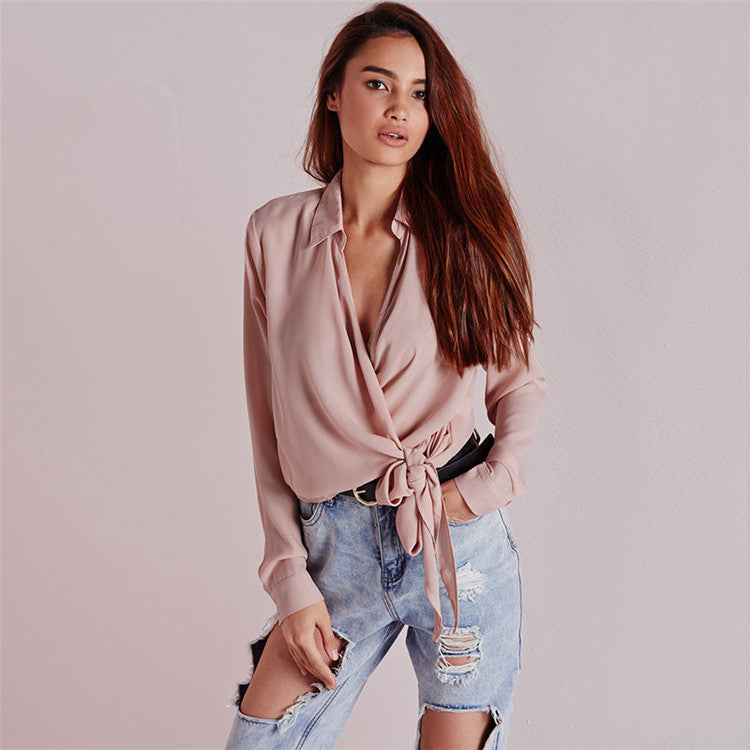 Summer Tying V-neck Sexy Long Sleeve Blouses