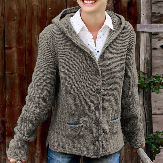 Hooded Pure Color Button Knit Cardigan