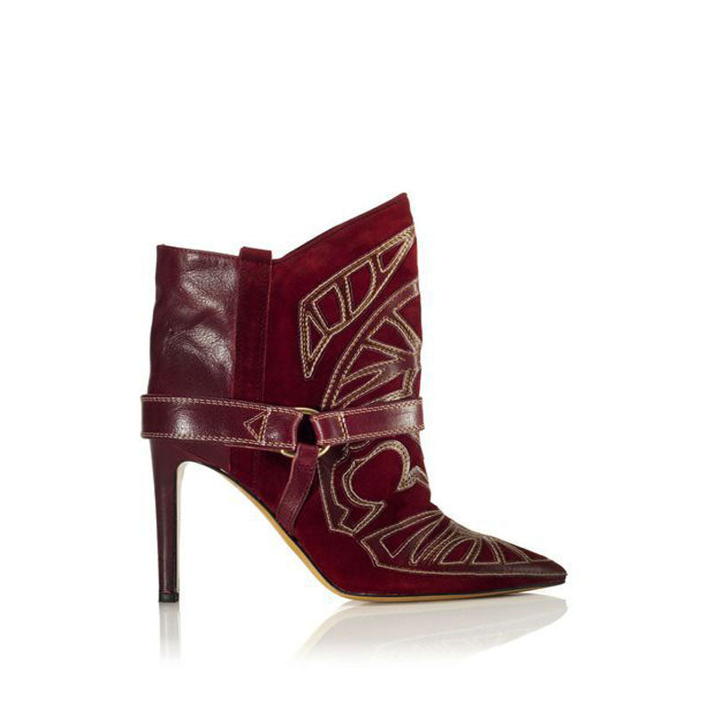 Leather Embroidery Pointed Toe High Heel Ankle Boots