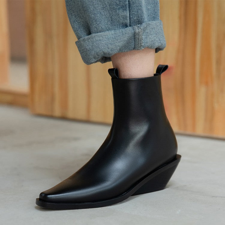 Black Leather Square Toe Wedge Ankle Boots