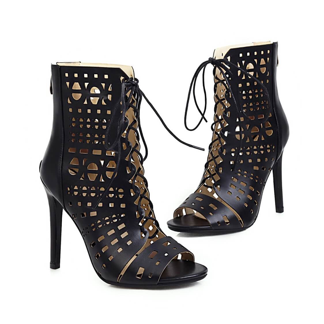 Casual Cutout Peep Toe Strap High Heel Ankle Boots