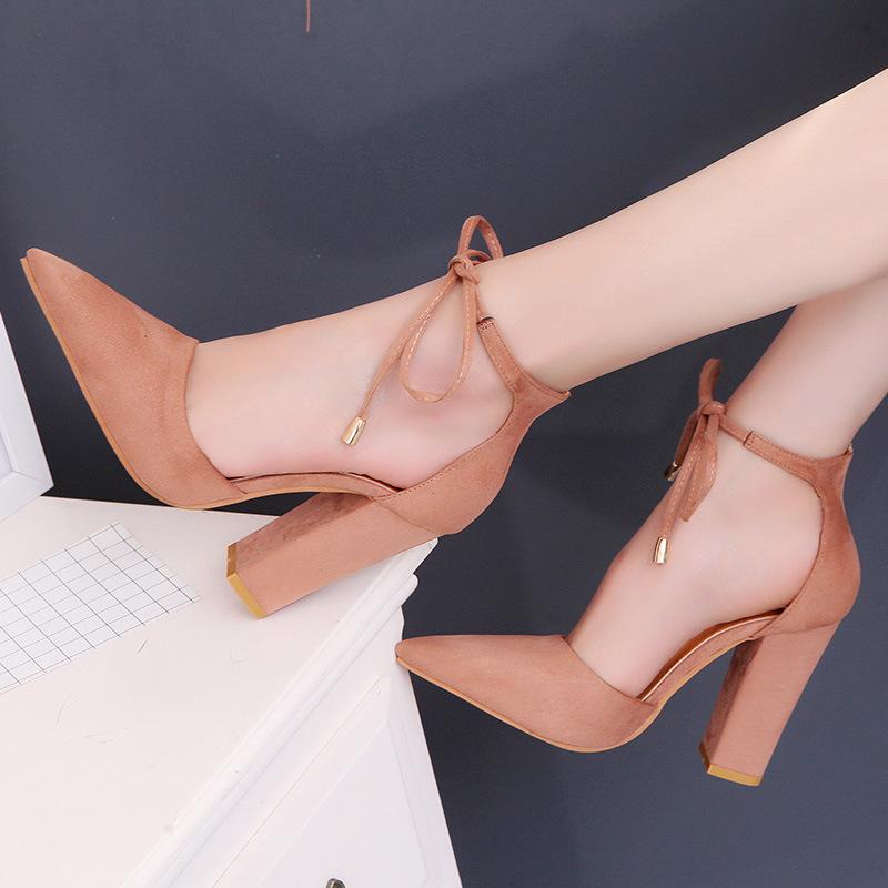 Pointed Tow High Chunky Heels Ankle Lace UP Party Shoes