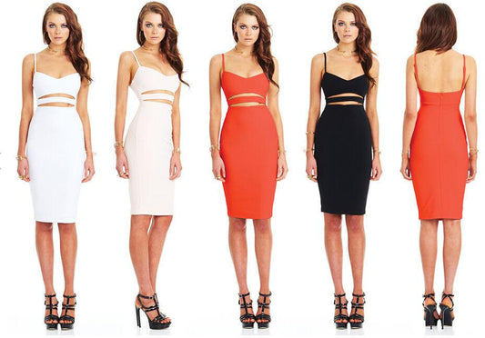 Clearance Spaghetti Strap Hollow Out Solid Bodycon Stretch Club Dress