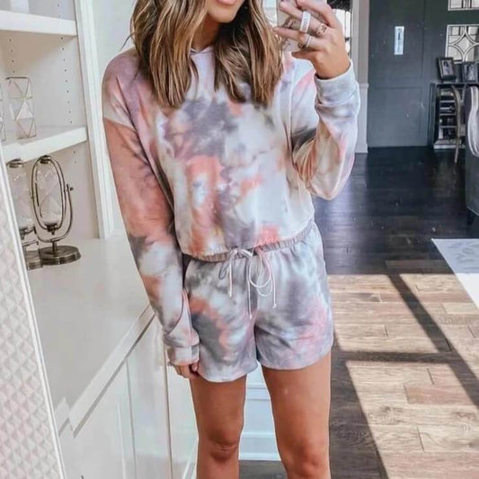 Pajamas Tie Dye Loose High Waist Long Sleeve Hooded Two Pieces Set