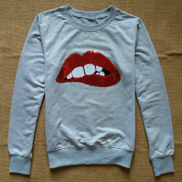 Lip Print Sequins Round Collar Long Sleeves Sweatshirt