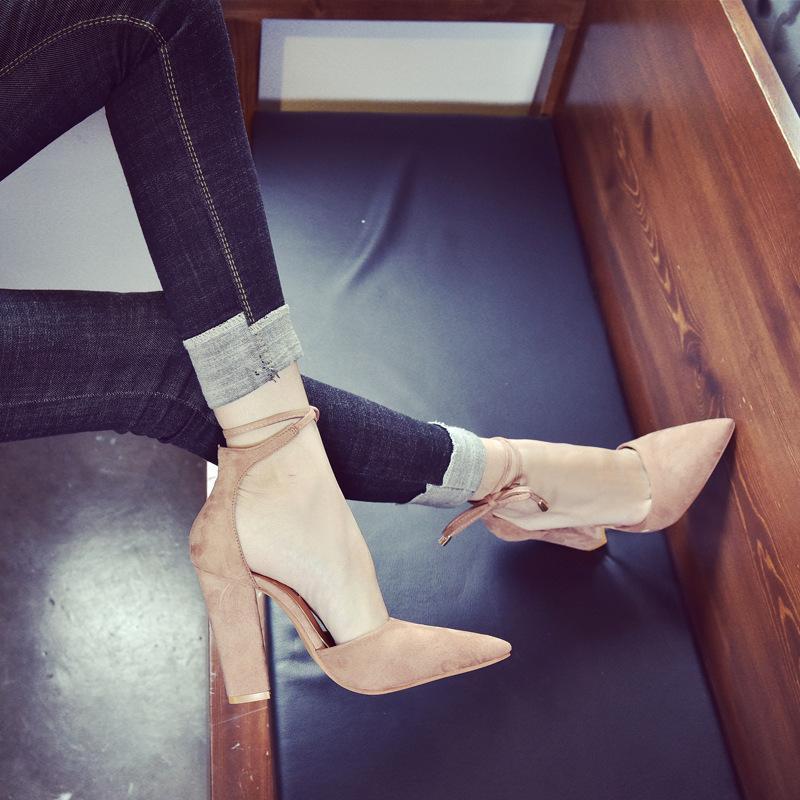 Pointed Toe Low Cut Ankle Lace Up High Chunky Heels