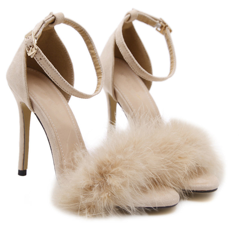 Fur Decorate Open Toe Ankle Wrap Stiletto High Heels Sandals