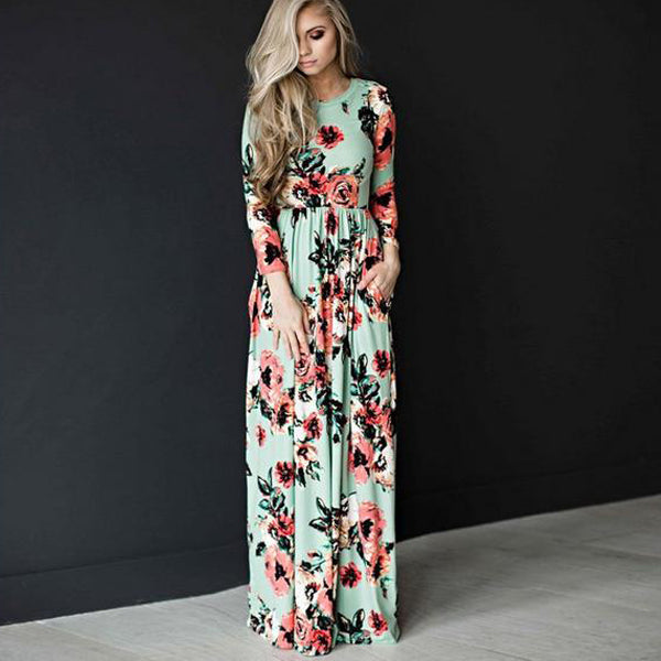 Flower Print 3/4 Sleeves and Short Sleeves High Waist Long Party Dress