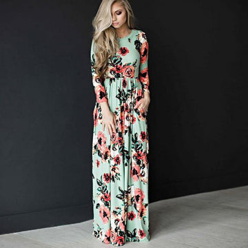 Flower Print 3/4 Sleeves and Short Sleeves High Waist Long Party Dress
