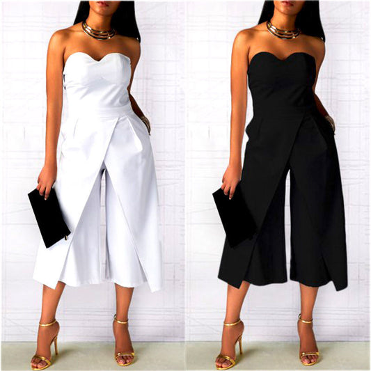 Pure Color Strapless Sleeveless Tee Length Jumpsuit