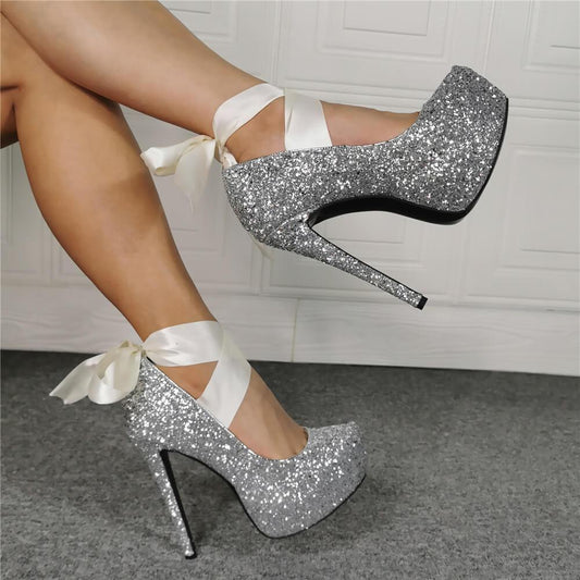 Silver Sequin Platform Strap High Heel Sandals