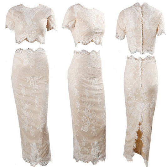 Transparent Lace Embrodirey Crop Top Knee-length Skirt Dress Set