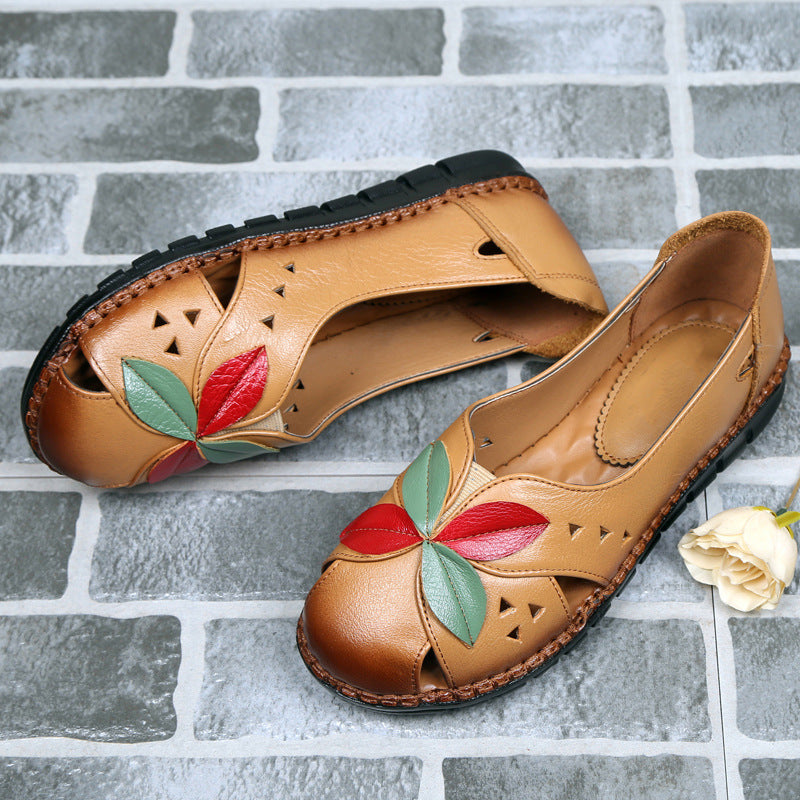 Flower Patchwork Leather Round Toe Casual Comfortable Flats