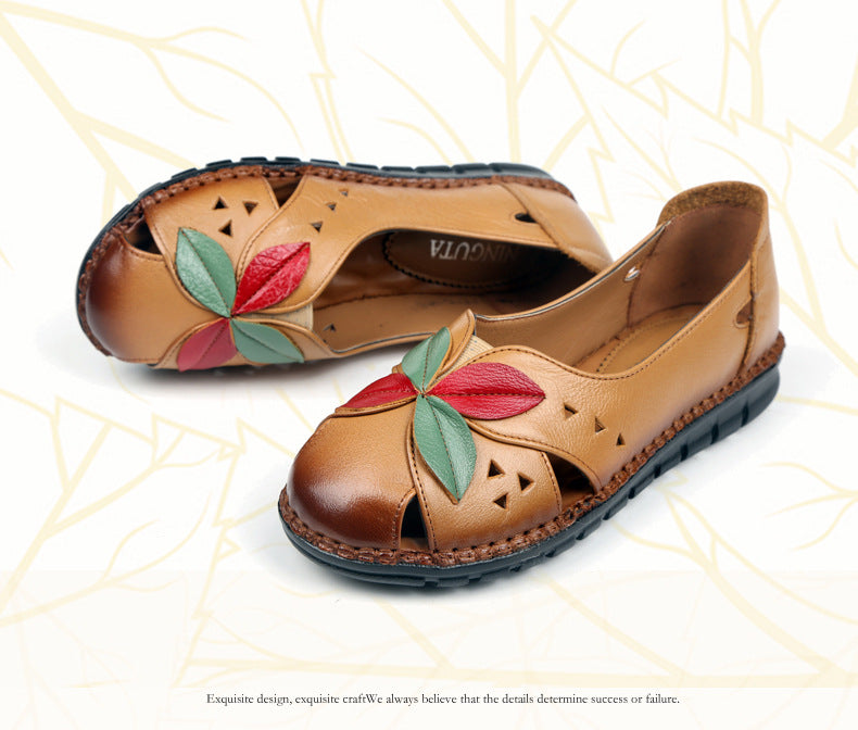 Flower Patchwork Leather Round Toe Casual Comfortable Flats