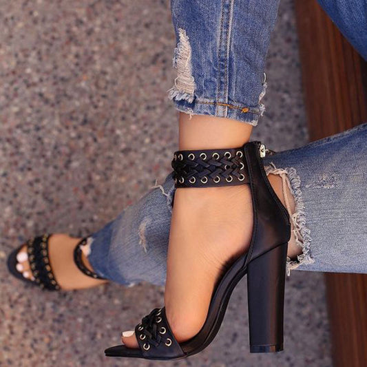 Open Toe Ankle Band Wrap High Chunky Heels Sandals