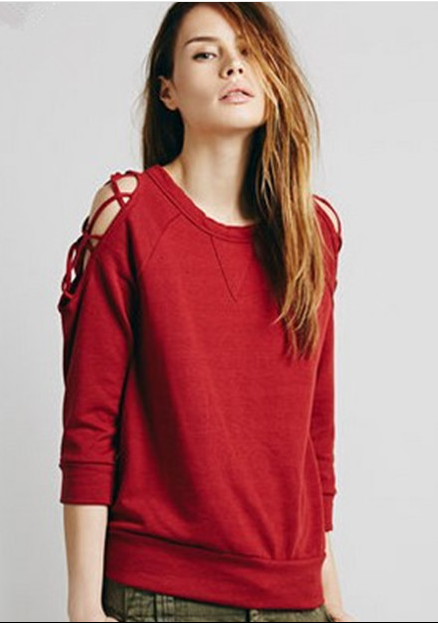 3/4 Sleeves Scoop Pullover Slim Solid Color Sweatshirt