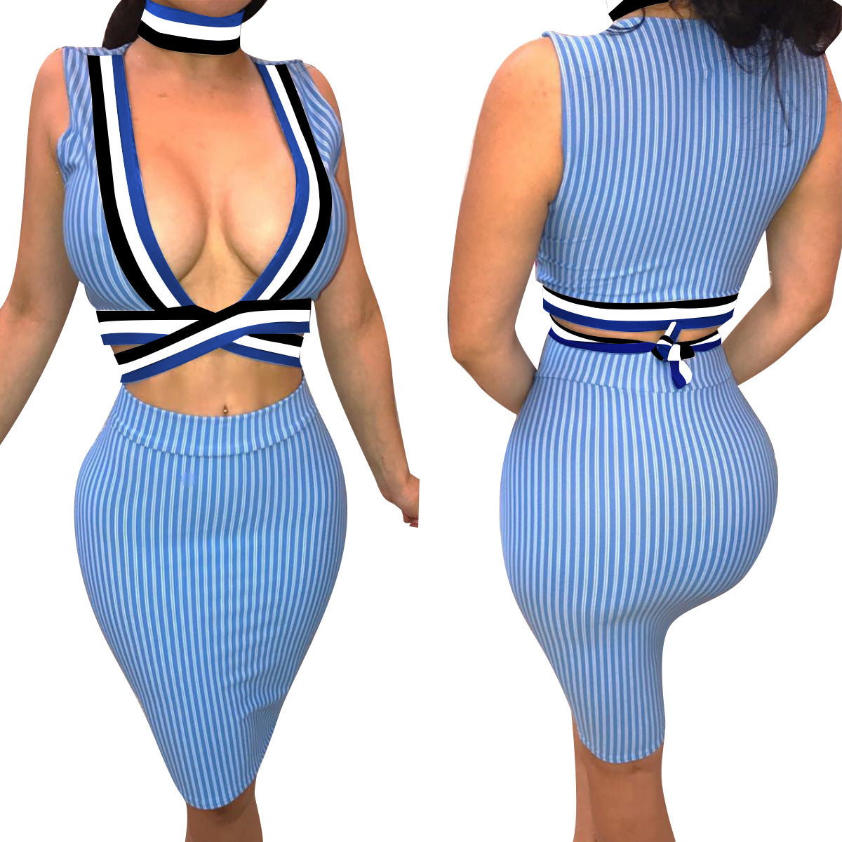 Striped Deep V-neck Crop Top with Short Skirt Two Pieces Dress Set