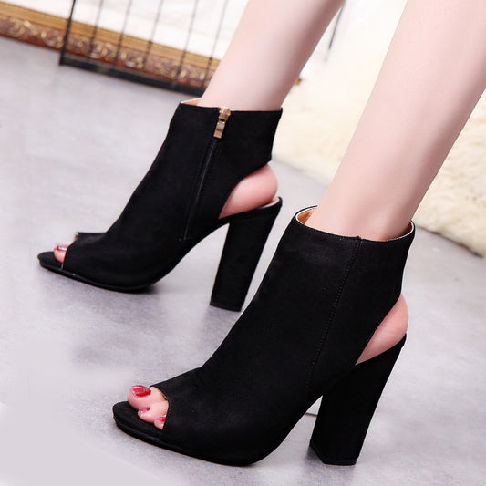 Ankle Strap Suede Chunky Heel Peep-toe Short Boots Sandals