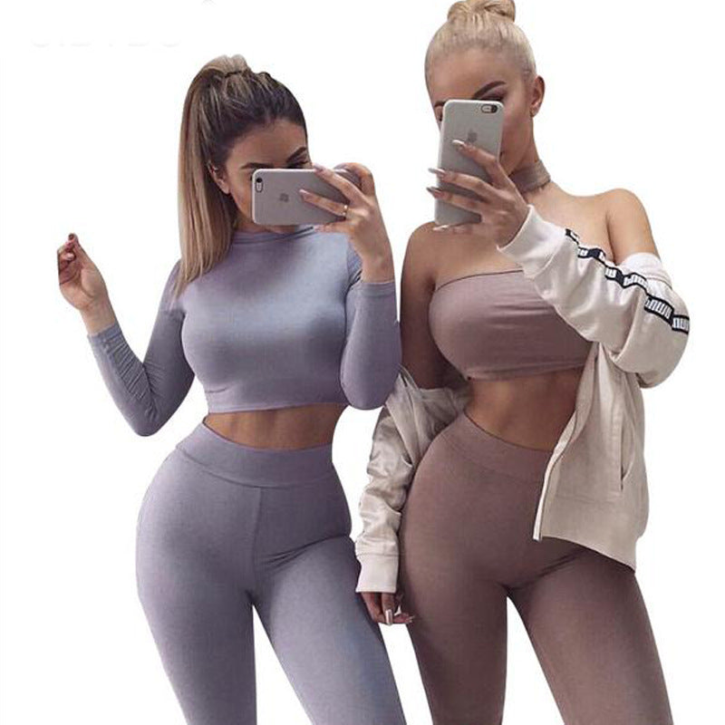 High Neck Long Sleevs Crop Top with Skinny Pants Two Pieces Set