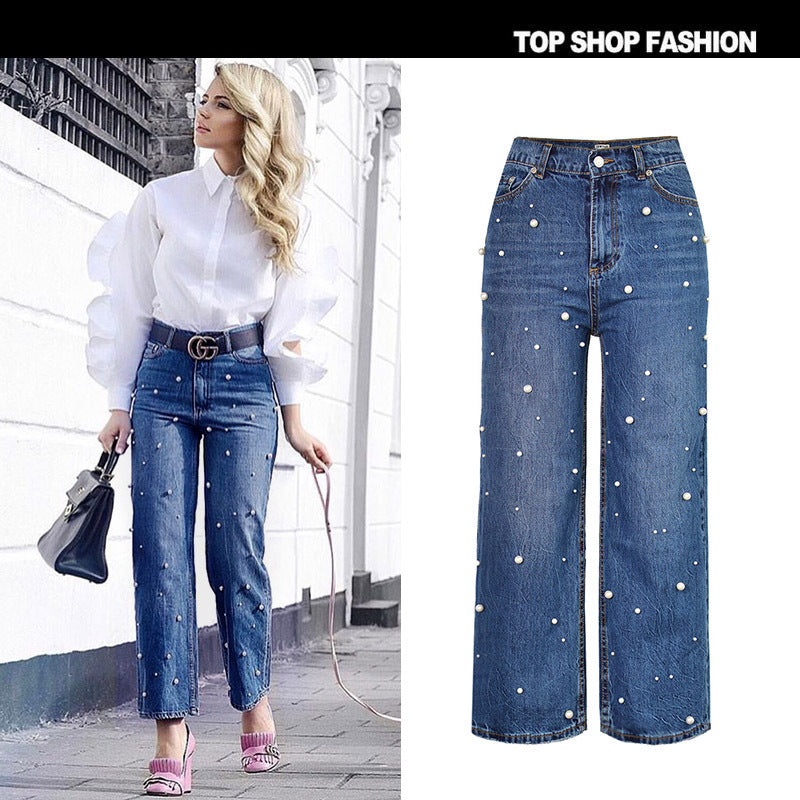 Pearls Packets High Waist Pure Color Loose Zipper Wide-legs Long Pants