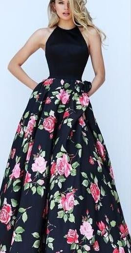 Halter Sleeveless Flower Print Patchwork Flared Maxi Dress - Meet Yours Fashion - 1