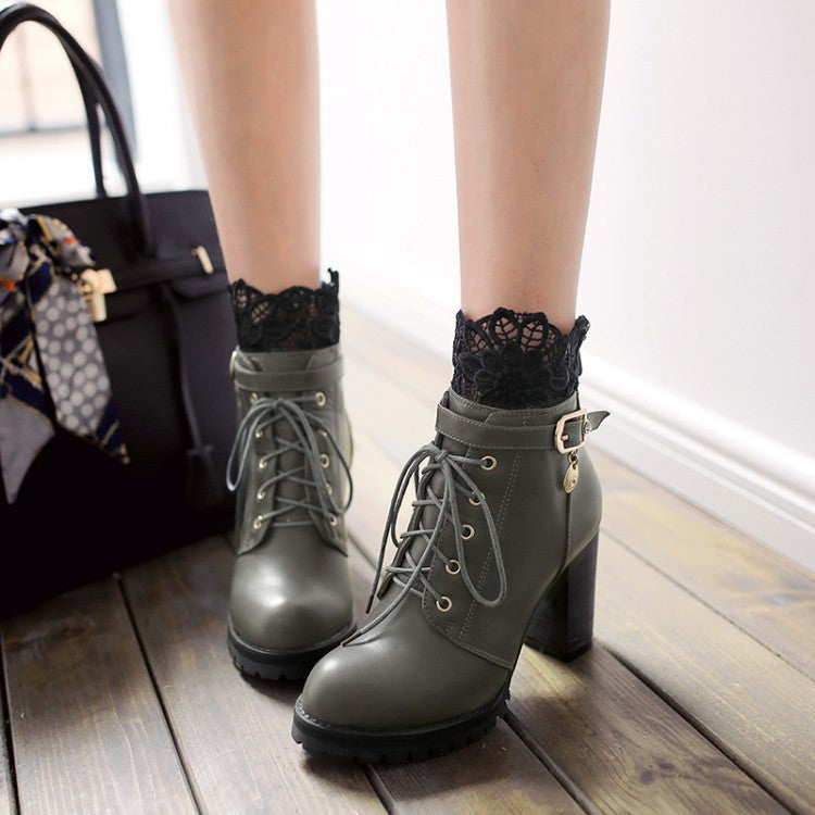 Lace Patchwork Lace UP Round Toe Middle Chunky Heels Short Boots