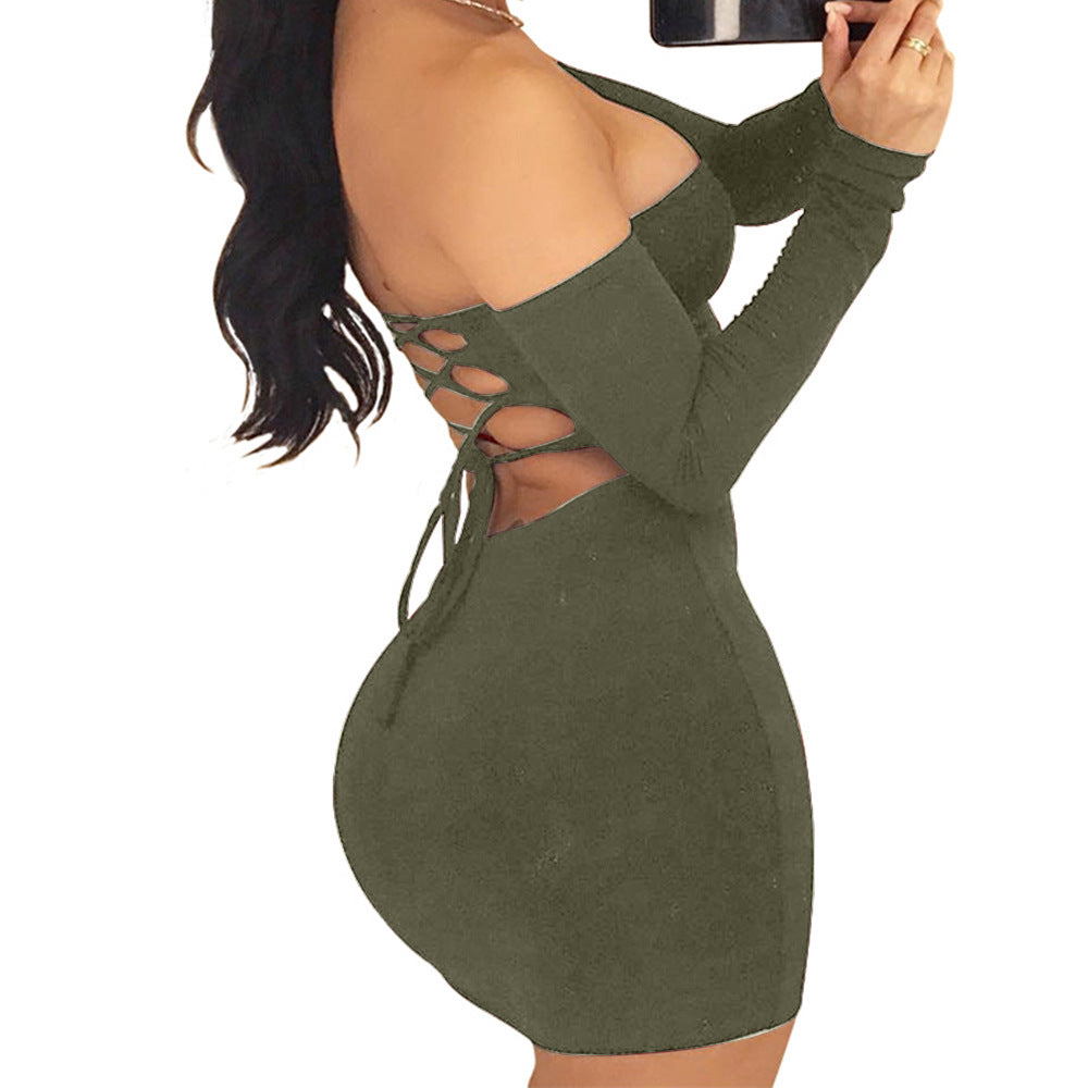 Backless Lace Up Hollow Out Long Sleeves Off Shoulder Short Dress
