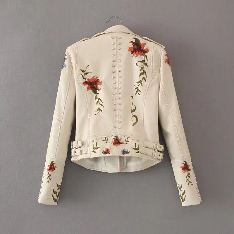 Label Rivets Zippers Embroidery Women Short PU Jacket