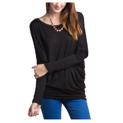 Scoop Pure Color Long Batwing Sleeves Loose Blouse
