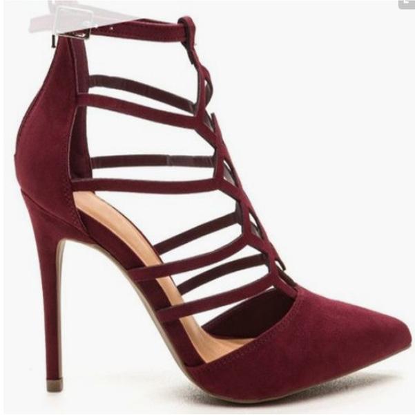 Red Pointed Toe Cutout Buckle Suede High Heels