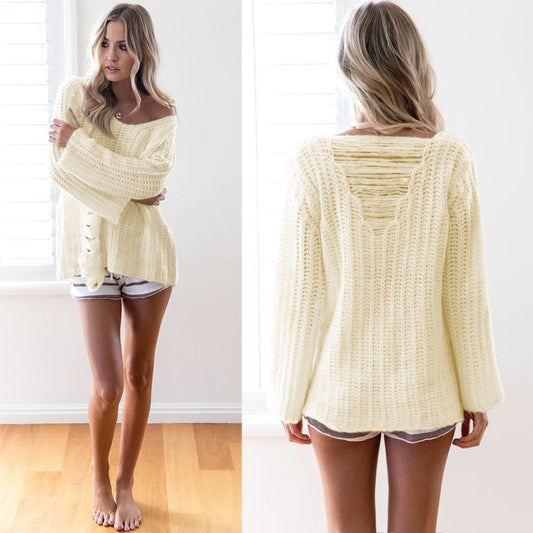 Pure Color Cut Out Begger Style Loose Sweater