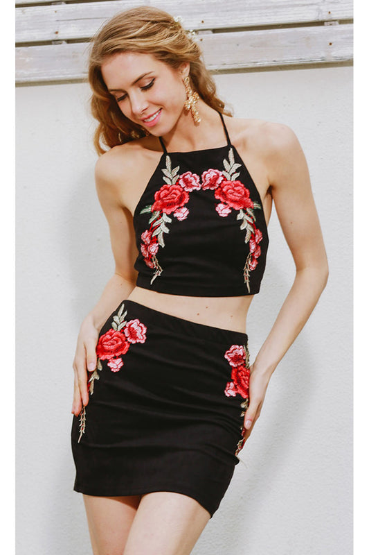 Flower Embroidery Backless Crop Top with Short Skirt Two Pieces Dress Set