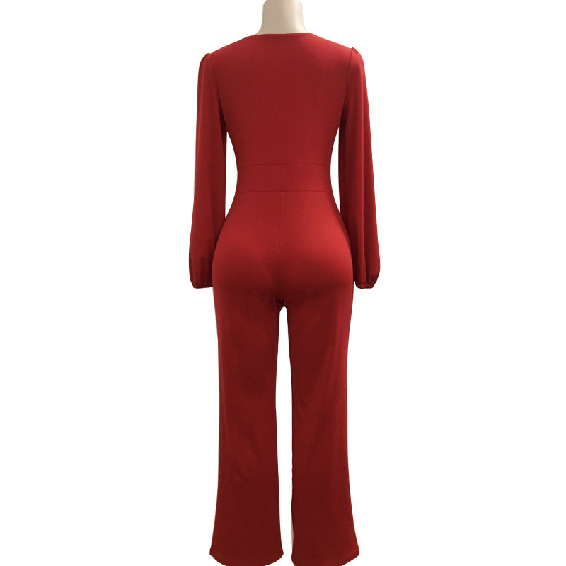 Long Lantern Sleeves Straps Hollow Out Long Wide-leg Jumpsuits