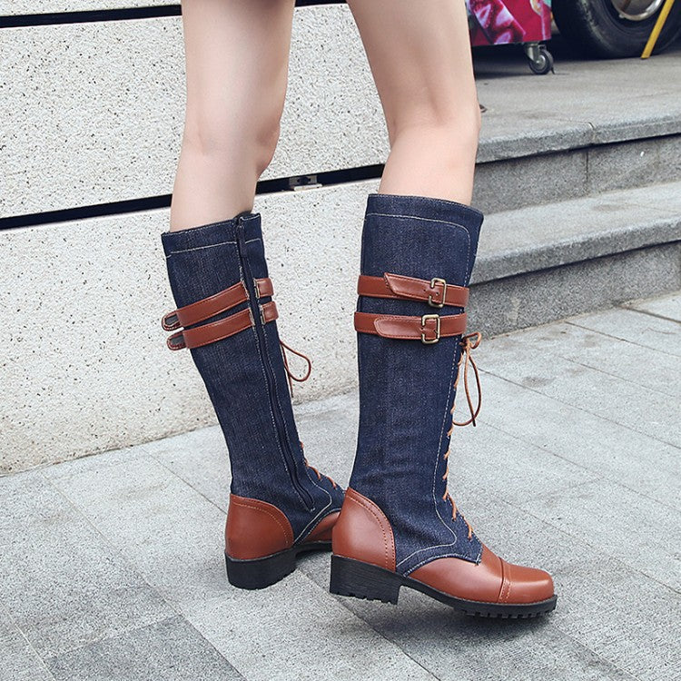 Round Toe Color Block Lace Up Low Chunky Heel Knee-length Boots