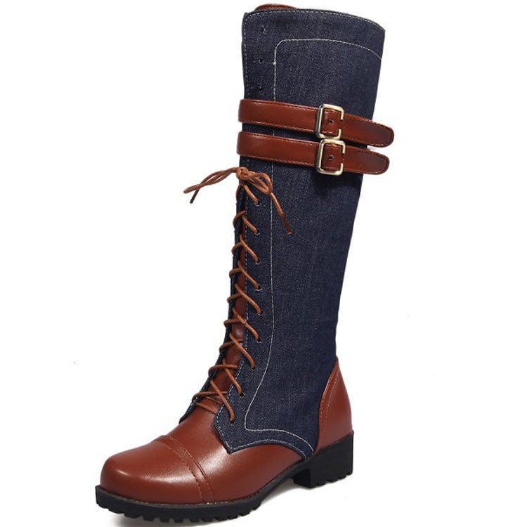 Round Toe Color Block Lace Up Low Chunky Heel Knee-length Boots