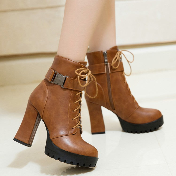Round Toe Martin Lace Up High Chunky Heel Short Boots