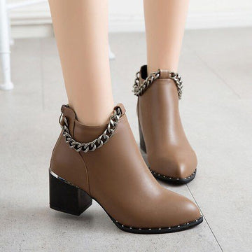 Chain Decoration Low Chunky Heel Round Toe Short Martin Boots