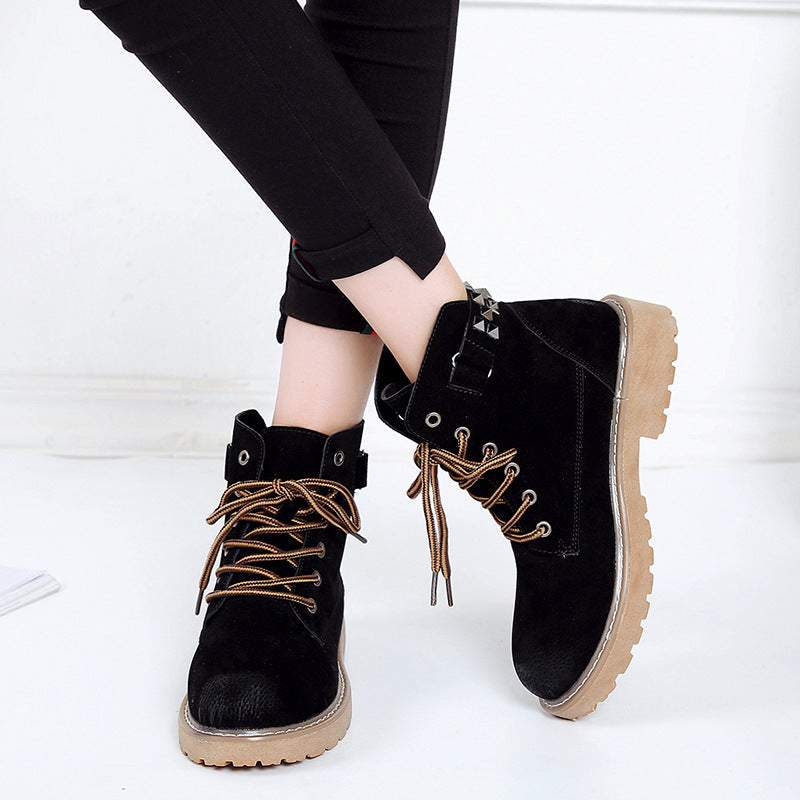 Rivets Round Toe Lace Up Low Chunky Heel Ankle Martin Boots
