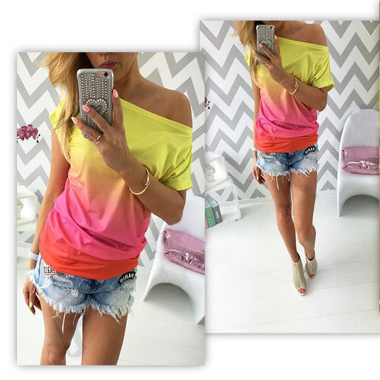 Gradually Changing Color Short Sleeves Scoop Casual T-shirt
