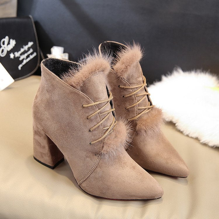 Fur Decoration Pointed Toe Lace UP Middle Chunky Heel Short Martin Boots