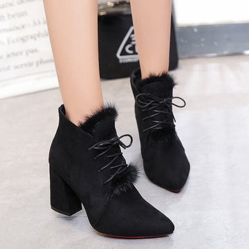 Fur Decoration Pointed Toe Lace UP Middle Chunky Heel Short Martin Boots