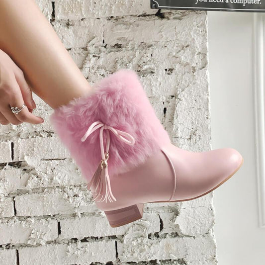 Fur Fringe Leather Chunky Heel Ankle Boots