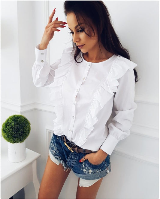 Scoop Pure Color Long Ruffle Sleeves Blouse