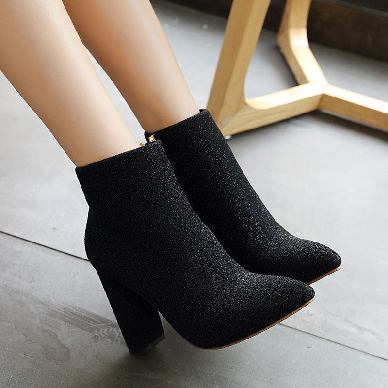Shinning Pointed Toe Side Zipper Middel Chunky Heel Ankle Boots