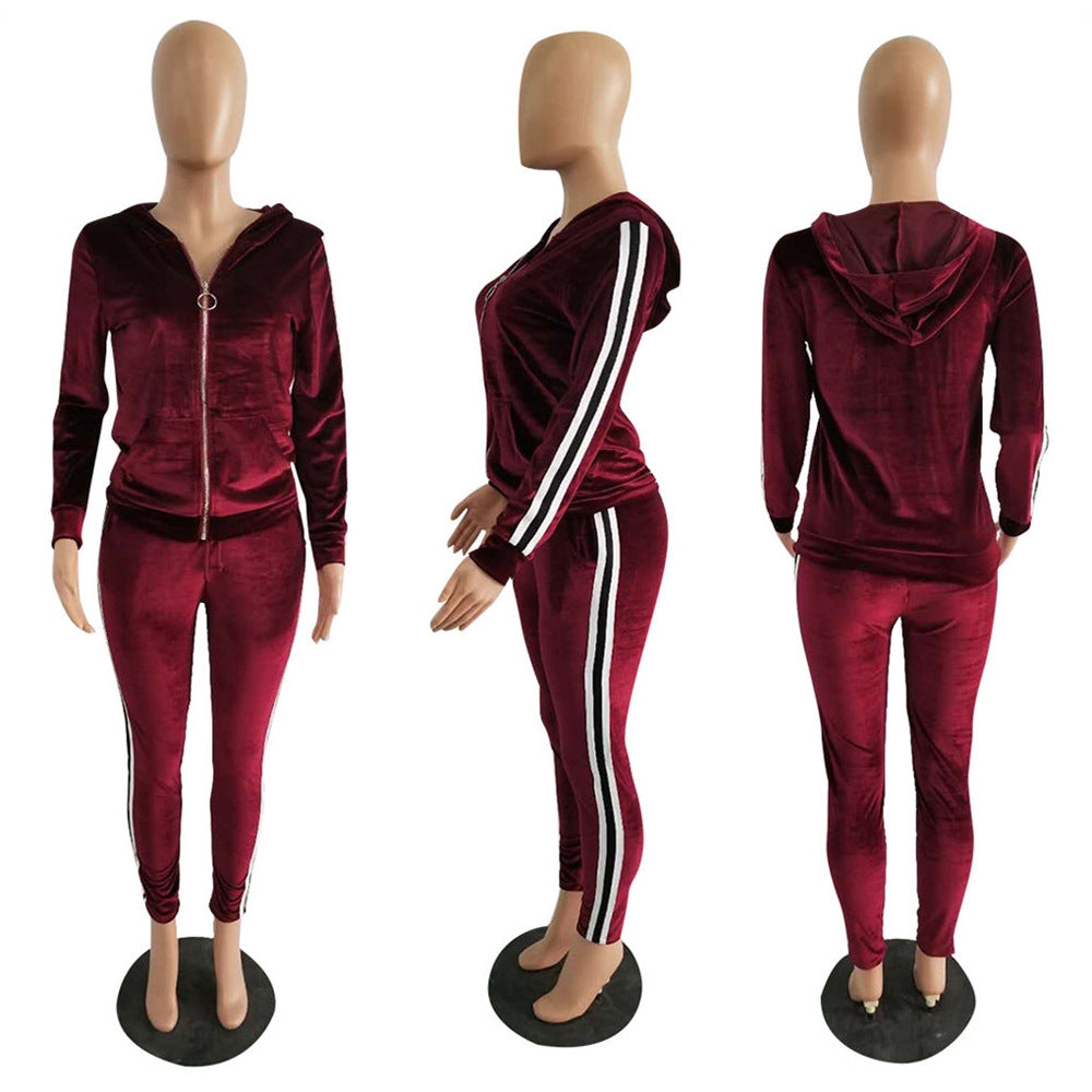 Stripe Velvet Zipper Hoodie Long Elastic Waistline Pants Women Two Pieces Sports Set