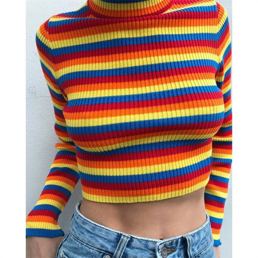 Turtleneck Rainbow Cropped Knit Pullover Sweater