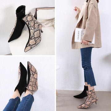 Snakeskin Color Block Pointed Toe High Heel Ankle Boots