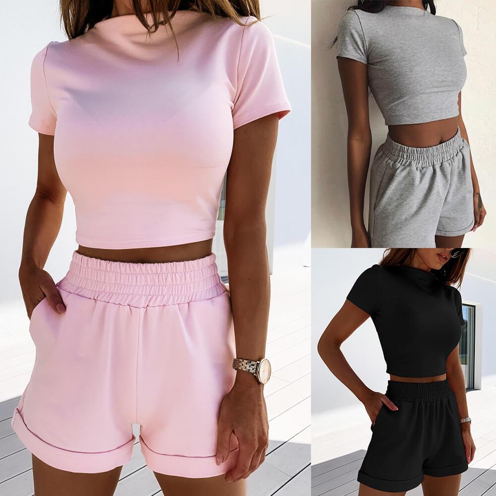 Casual Short Sleeve High Waist Two Pieces Set